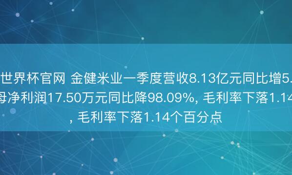 世界杯官网 金健米业一季度营收8.13亿元同比增5.68%, 归母净利润17.50万元同比降98.09%, 毛利率下落1.14个百分点